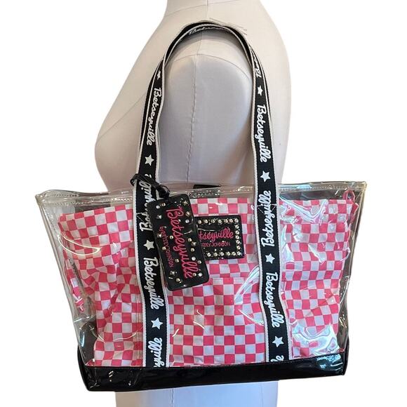 Betsey Johnson Betseyville Clear Tote Bag Pink Checkered Lining, Studded Detail - Picture 1 of 10
